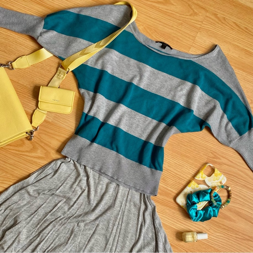 Streetwear Society Teal and Gray Off-the-Shoulder Striped Sweater